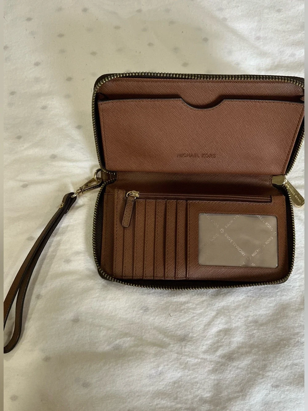Michael Kors Brown and Gold Logo Signature Wristlet Card Holder